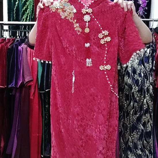 燕***格粉红色手工中长带流苏国风鱼尾裙xl码