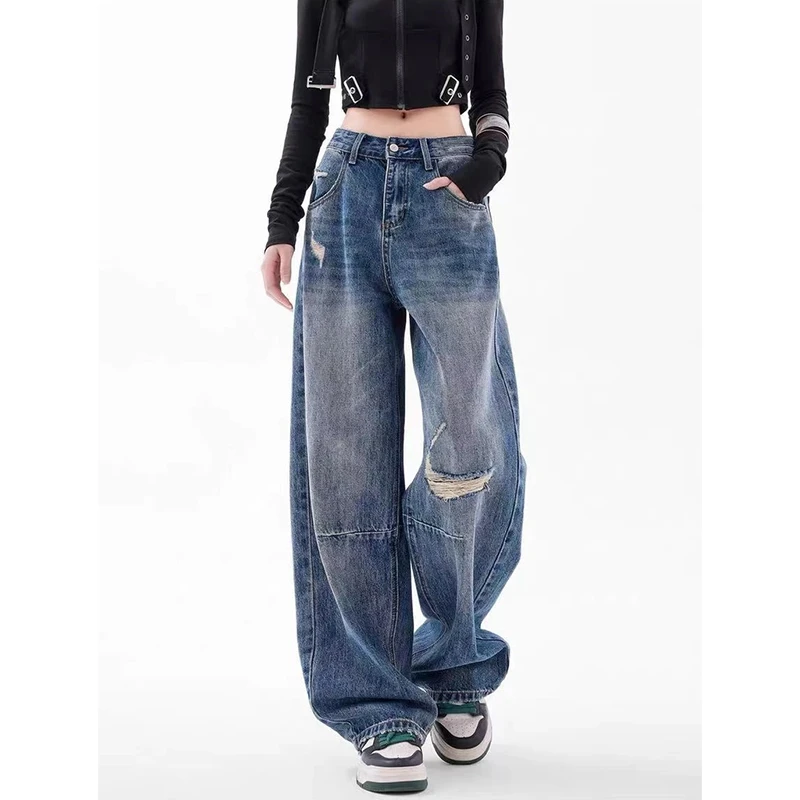破洞牛仔裤女2025新款高腰显瘦大码胖mm小个子夏季薄款垂感阔腿裤