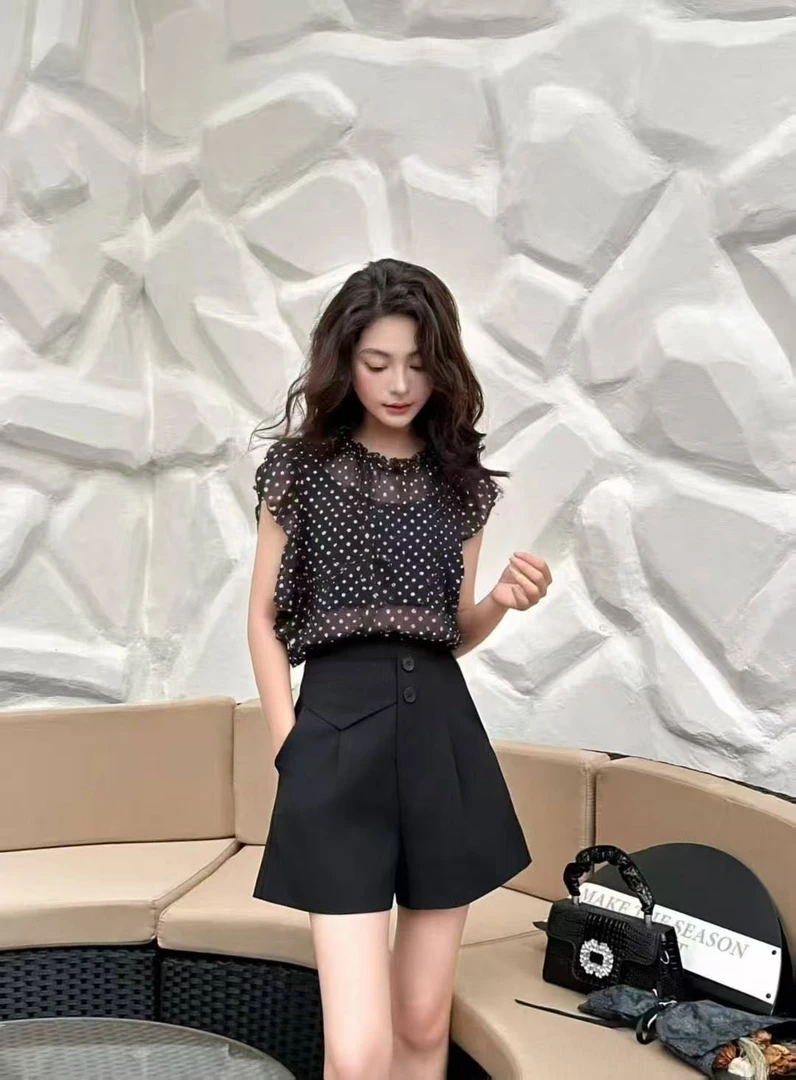 飞飞袖无袖波点修身型夏季衬衫网红韩版百搭宽松上衣