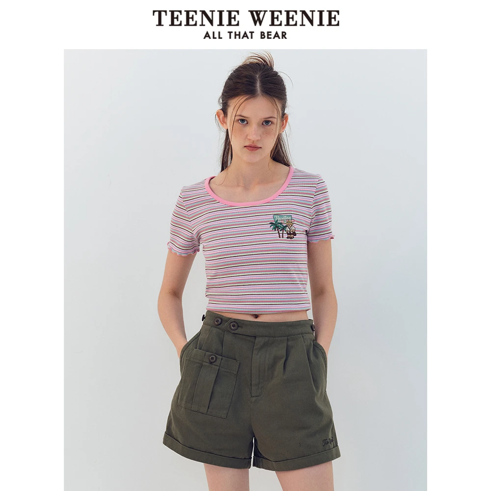 TeenieWeenie小熊24提花罗纹修身短袖T恤撞色U型领女TTRA246650R