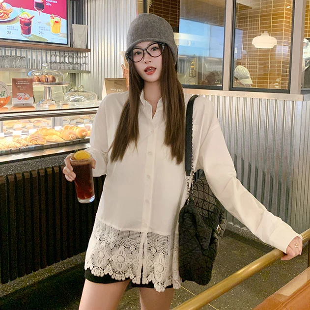 韩系设计感蕾丝拼接下摆白色衬衫女2025春气质衬衣宽松上衣