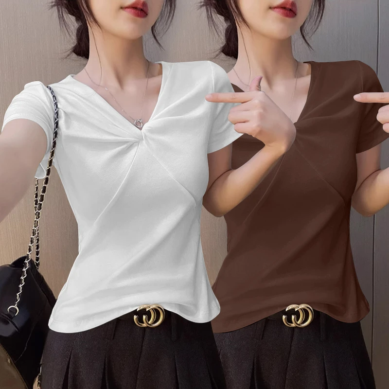 设计感正肩短袖t恤女夏V领纯欲扭结修身纯色上衣洋气减龄2025新款