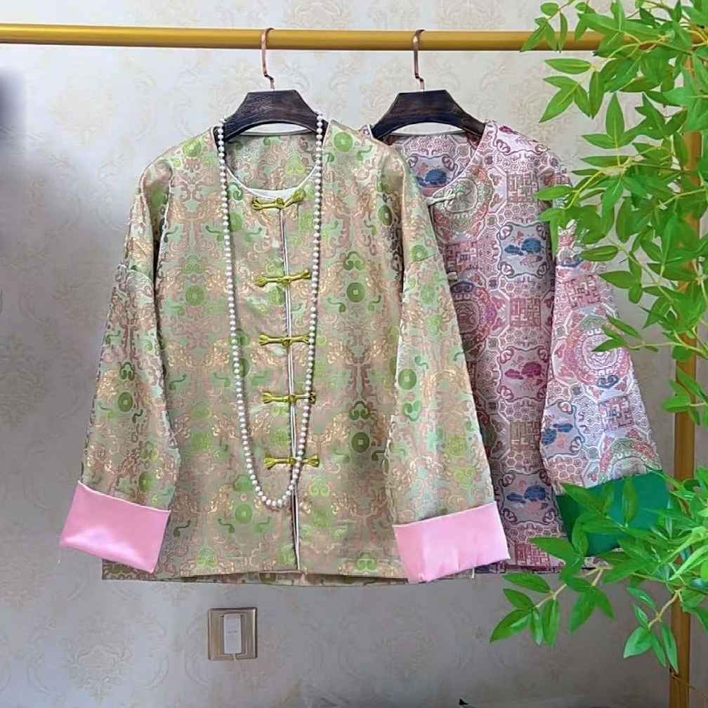 大聪春季新款新中式国风盘扣外套宽松落肩拼色时尚洋气外衣