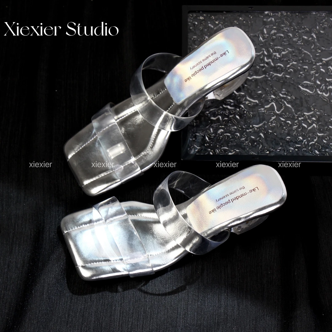 谢喜儿 | 拉个大长腿透明法式坡跟水晶高跟凉拖鞋