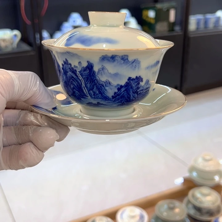 瓷片白青花千里江山元宝盖碗