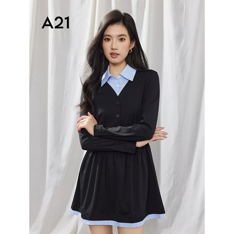 A21女装翻领设计感假两件衬衫连衣裙F451237004