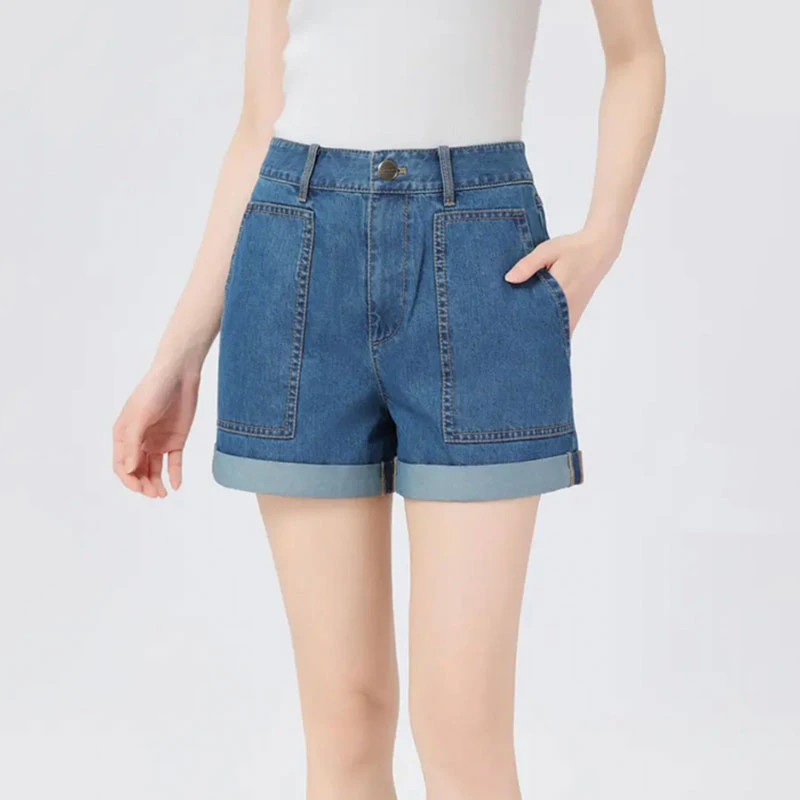 【商场同款】高腰显瘦卷边直筒牛仔短裤时尚休闲复古A字热裤110020
