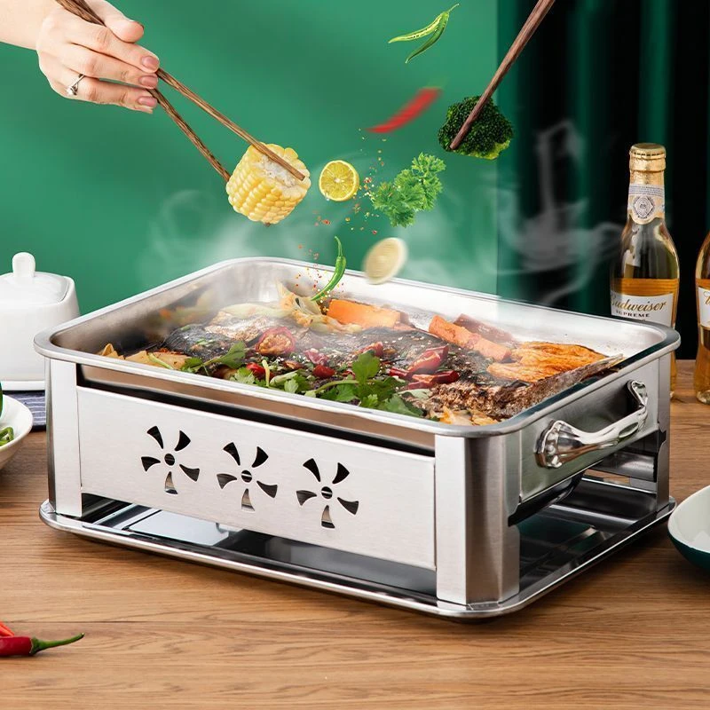 长方形不锈钢烤鱼炉家用商用烤鱼盘加厚碳烤鱼锅托盘