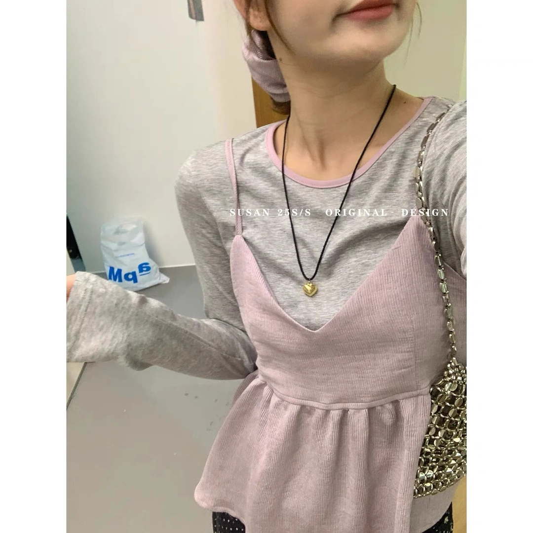 83057韩版时尚甜美百搭吊带撞色设计感打底衫两件套➕头花