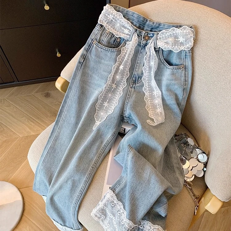 韩系蕾丝拼接直筒牛仔裤女2025夏款水洗浅蓝色阔腿裤高腰休闲长裤