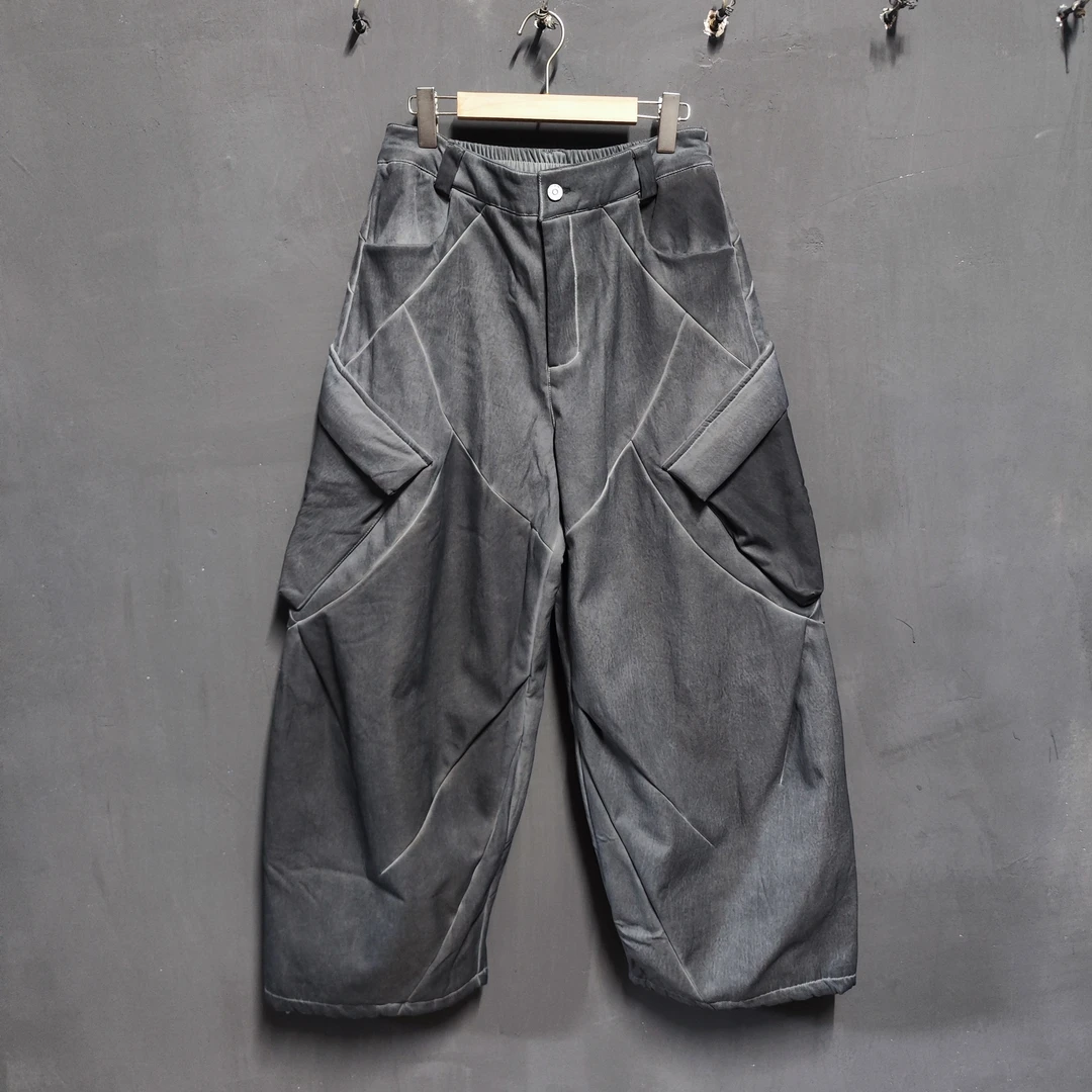 宫囍原创2577 | 冬季加绒美式复古宽松阔腿弯刀工装休闲裤