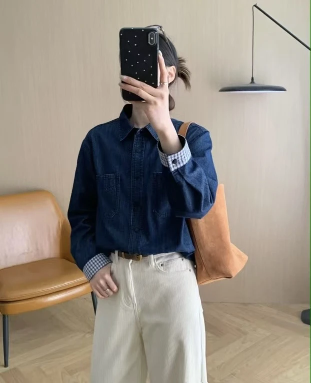 LANG TU-【拼格牛仔衬衫】韩系复古翻领休闲春季新款撞色卷边袖衬衫