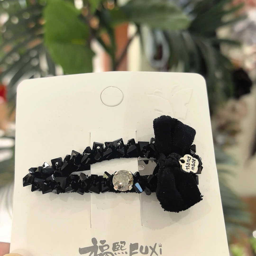 精品水晶重工黑色丝绒蝴蝶结BB夹5209