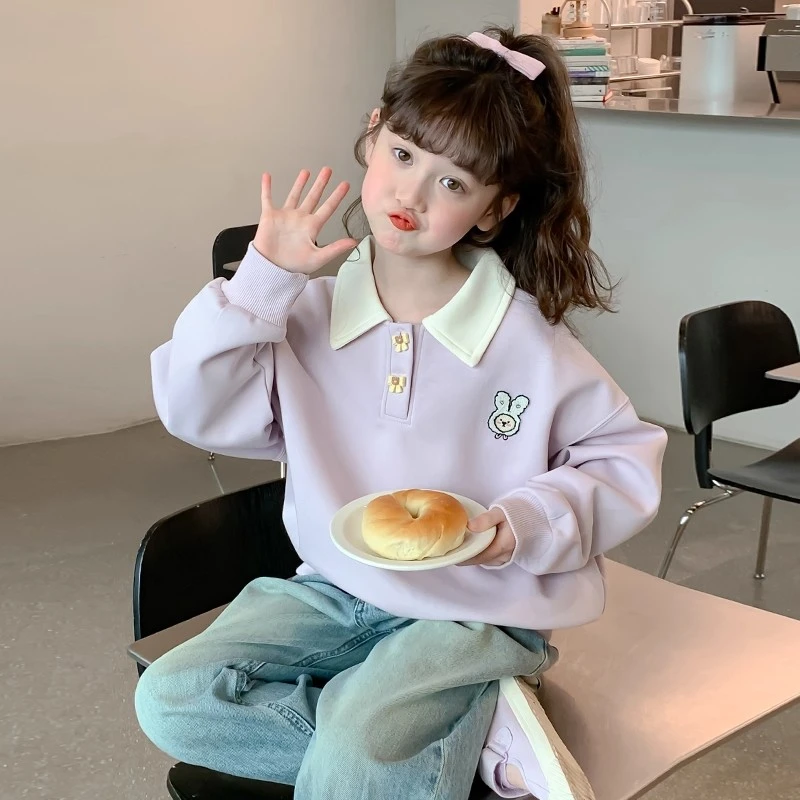 女童卫衣2025新款秋装时尚洋气宽松翻领套头小女孩中大童秋季上衣