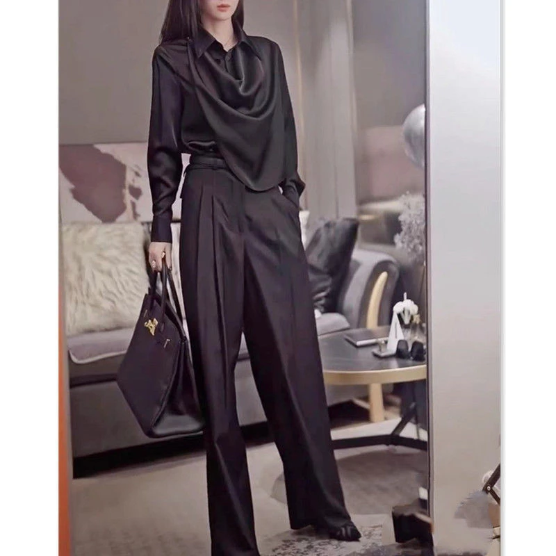 新款时尚设计感衬衫高腰阔腿长裤洋气