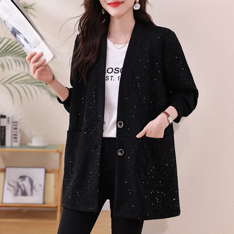 大码女装2025秋冬新款黑色开衫胖宽松休闲亮闪闪百搭外套