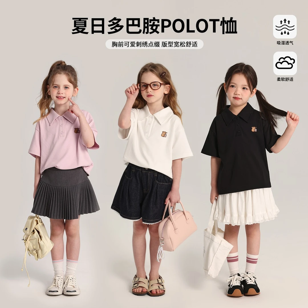 布丁哈鲁【慢豚豚】2025夏款女童宽松休闲刺绣POLO领T恤G52TL085