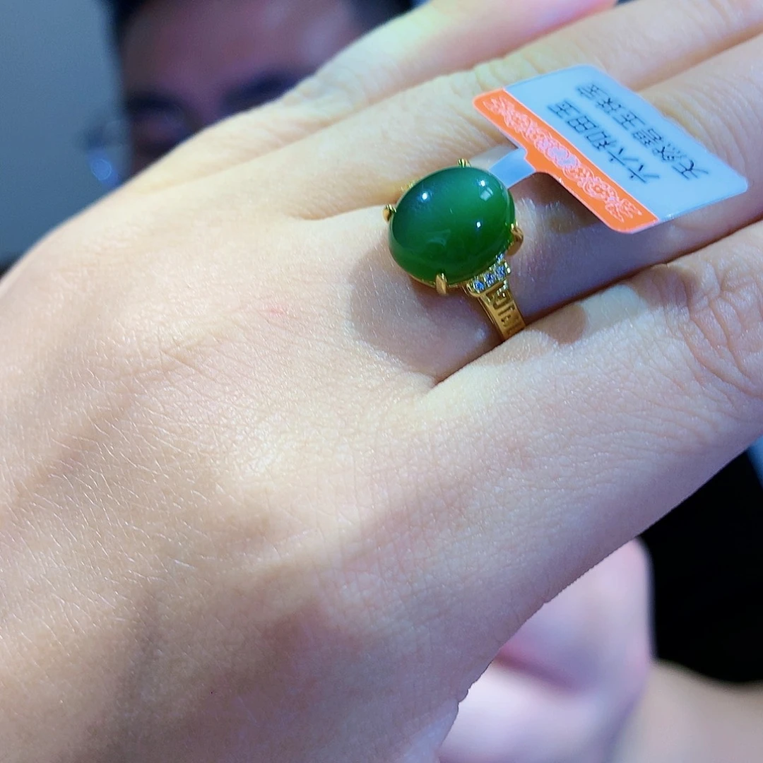和田玉（碧玉）戒指银S925镀金镶嵌
