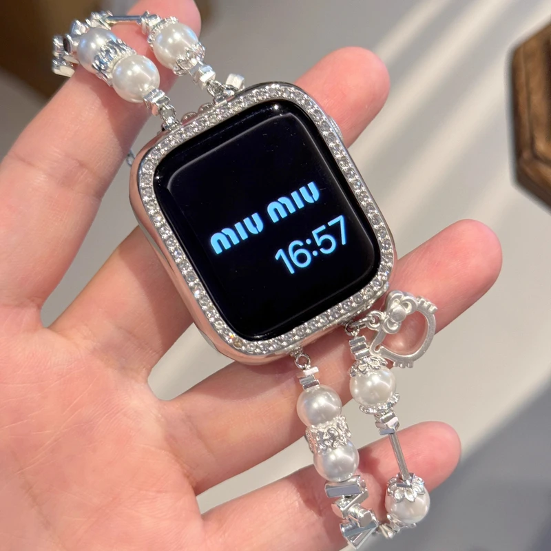 适用苹果手表带apple watch10小众KT珍珠手链钻壳iwatch9SE女FIT4