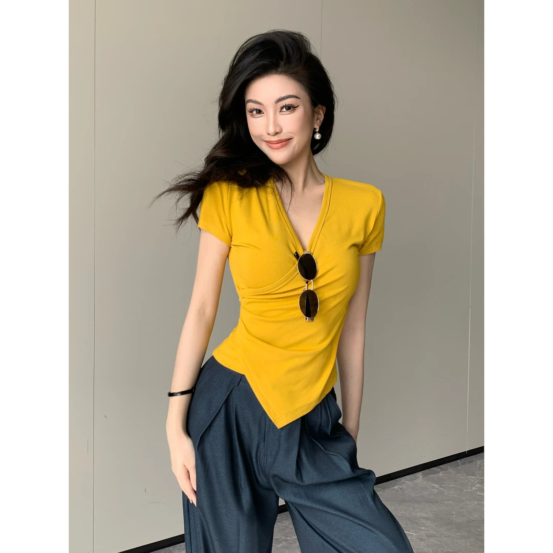 JIJINQI显瘦修身v领短袖上衣夏季新款不规则短袖t恤女JC05SZPT034