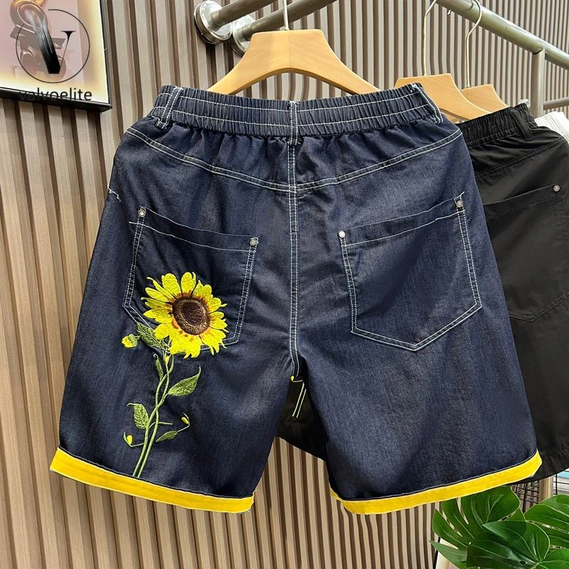 VALVOELITE向日葵绣花撞色卷边休闲短裤男士夏季潮流薄款宽松牛仔