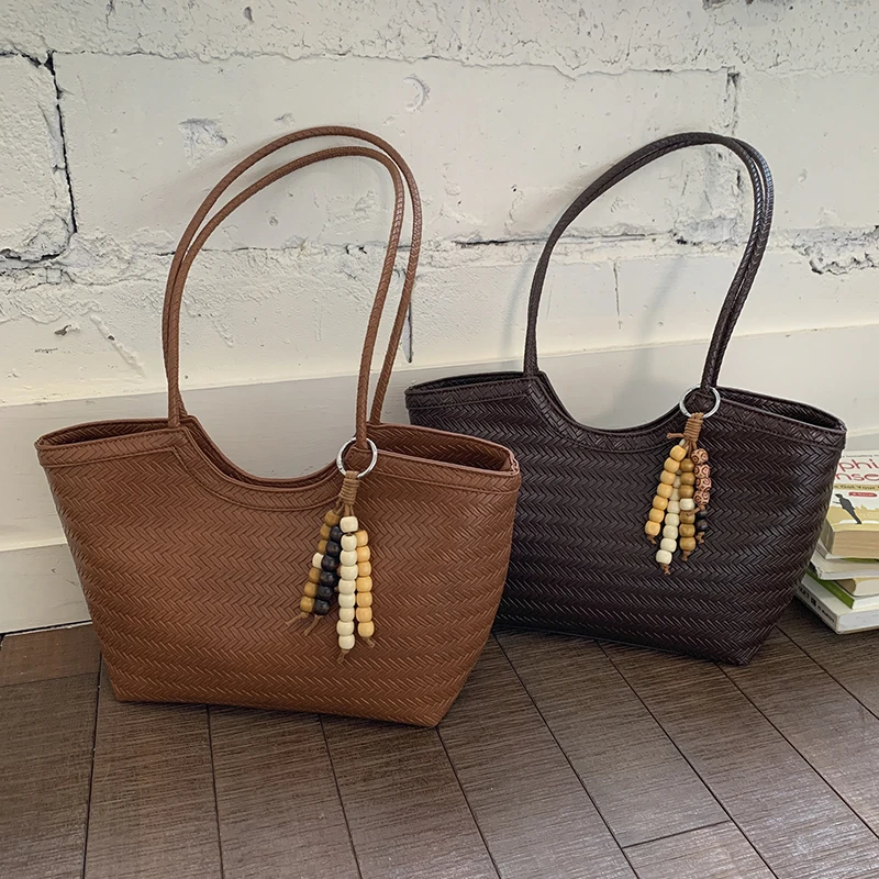 时尚慵懒风托特包通勤休闲旅行编织质感敞口单肩包韩版休闲摩斯风
