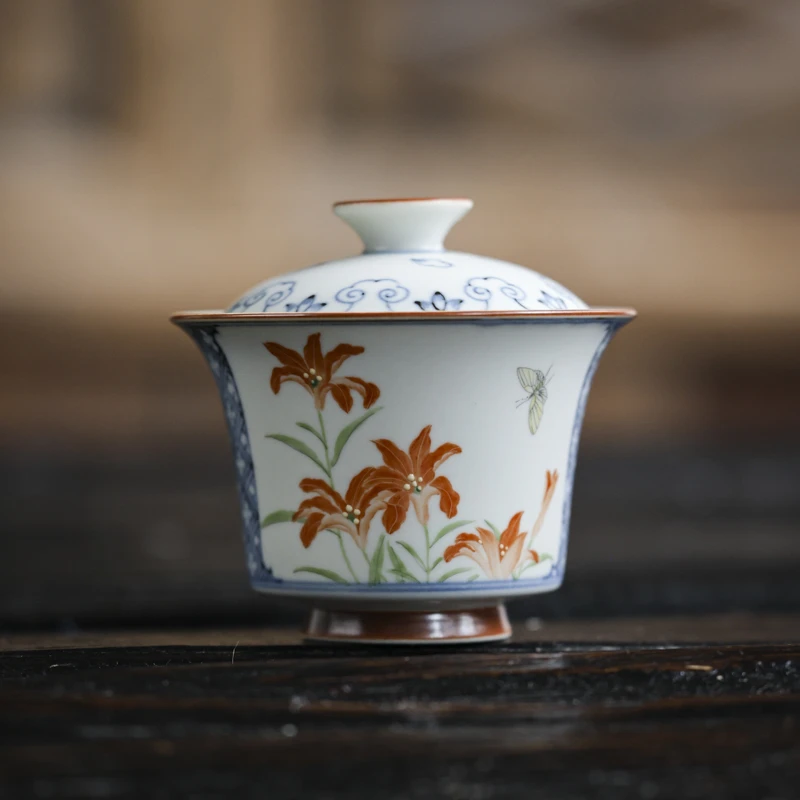 【直播专属】开窗斗彩红百合盖碗120ml（新墨冉0365）