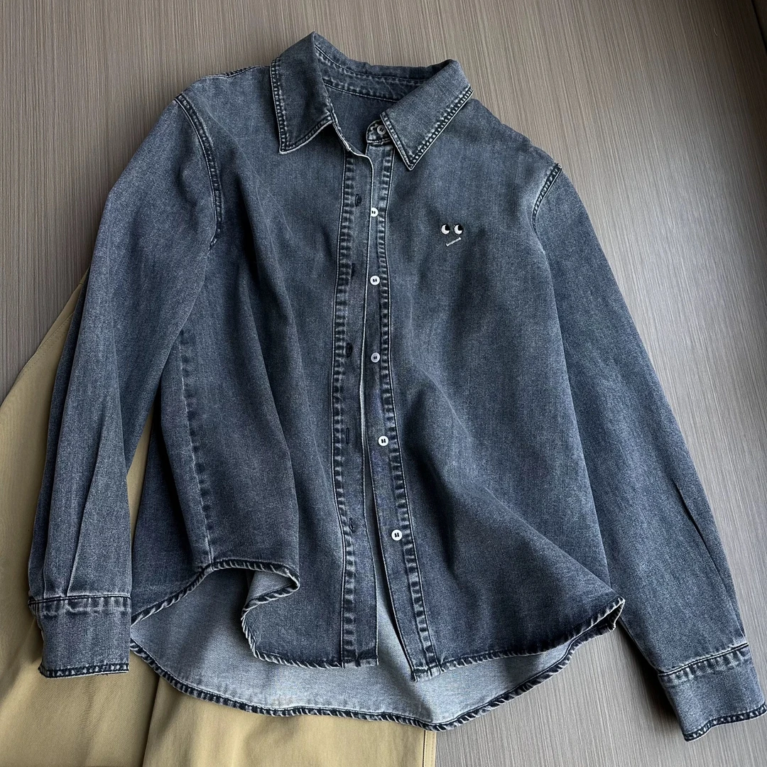 【刘噗噗】韩单one家小芯片 牛仔衬衣 笑脸刺绣小标