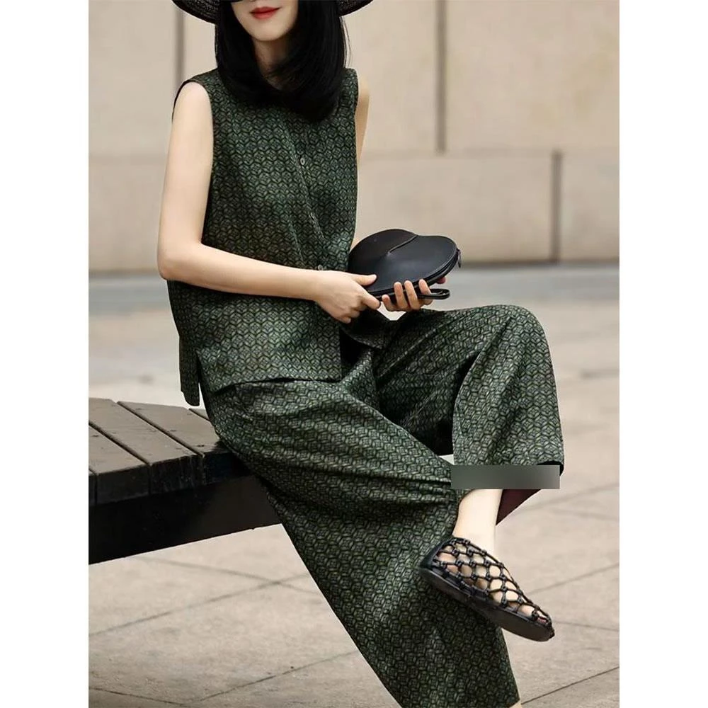 2025超火夏装一整套高级感清冷感禅意新中式国风上衣裤子两件套装