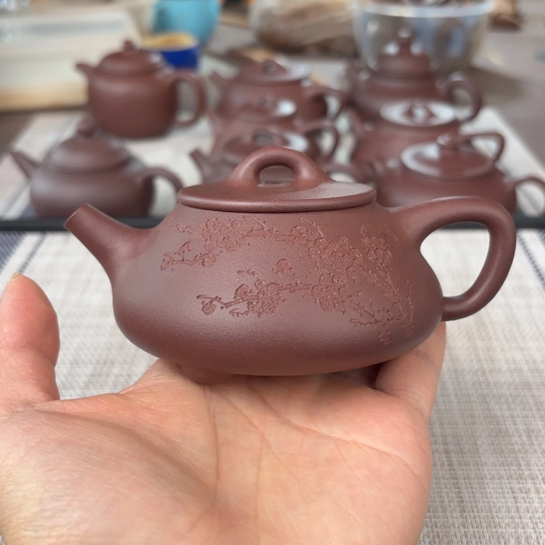 茶壶紫砂半手工老紫泥刻绘平盖石瓢壶180cc