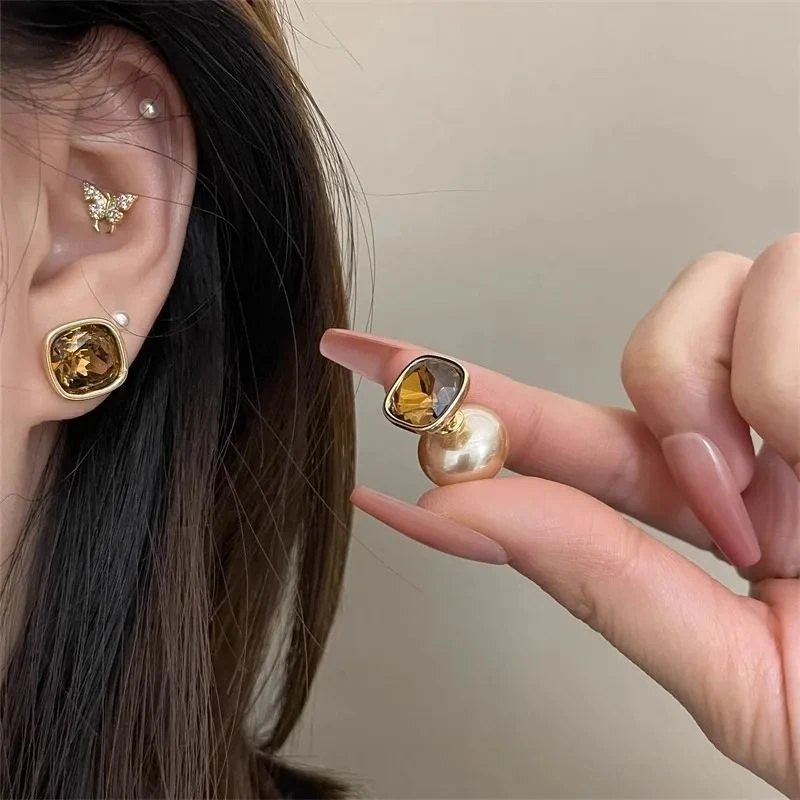 香槟色双面款方形两戴设计耳钉女2025新款轻奢高级感名媛百搭耳饰