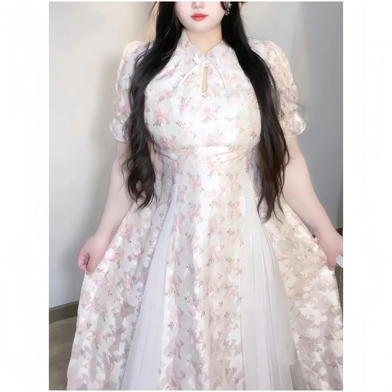 YH-63801大码女装复古少女开叉碎花中式连衣裙胖mm夏新款茶歇裙