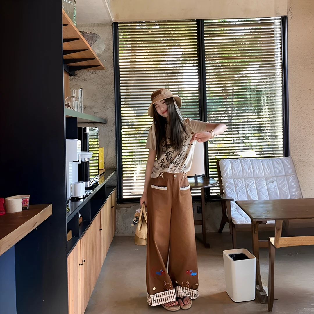 精灵少女/美式重工立剪绣花直筒裤设计感童趣刺绣拼接棉布裤女