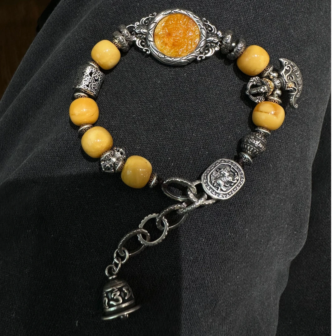 s09805<非晚1>s925银蜜蜡扎基金刚杵金刚斧六字真言铃铛尾坠手链