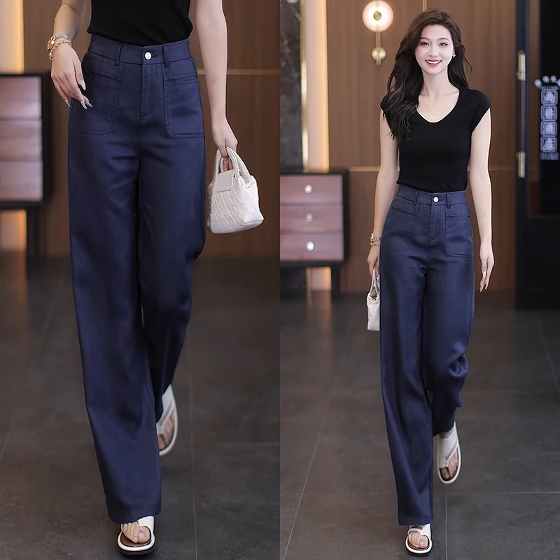 拉夏贝尔藏青色休闲直筒裤女夏季薄款2025新款高腰显瘦垂感阔腿裤