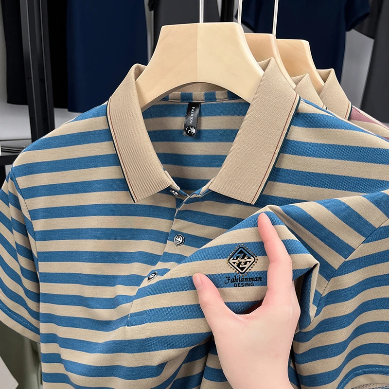 短袖常规免烫夏季条纹拼色Polo衫韩版商务时尚百搭翻领男士