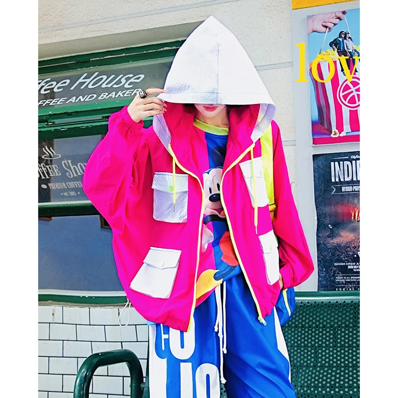 红白撞色拼接休闲外套冬新款口袋连帽潮牌度假宽松工装夹克HYC57