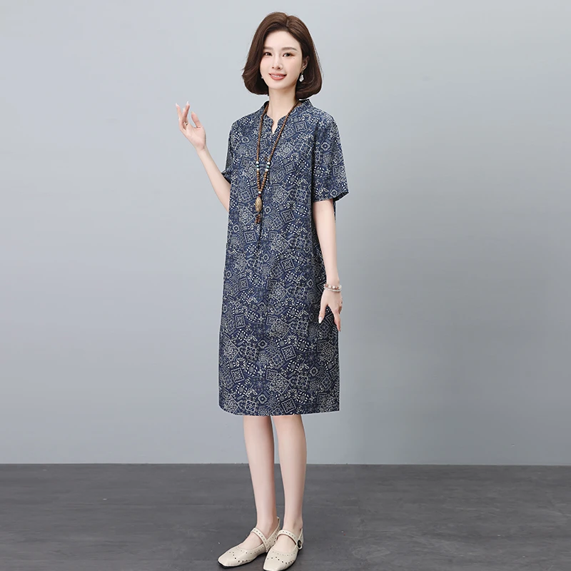 纯棉妈妈宽松连衣裙2025夏季新款中老年气质减龄遮肚子中长款裙子