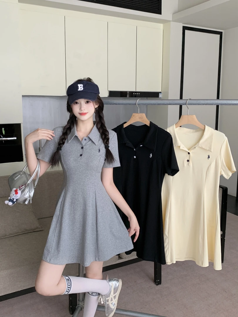 2025年大码女装夏季新款Polo领短袖高腰连衣裙3307