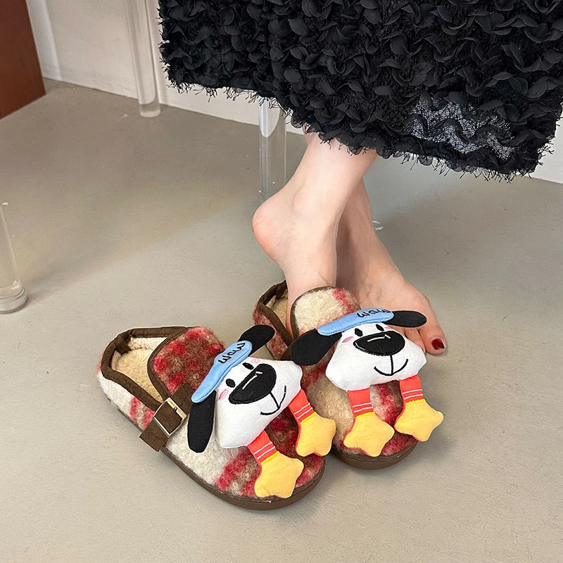 方格时尚百搭卡通可爱2025年秋冬季新款厚底包头拖鞋女休闲鞋