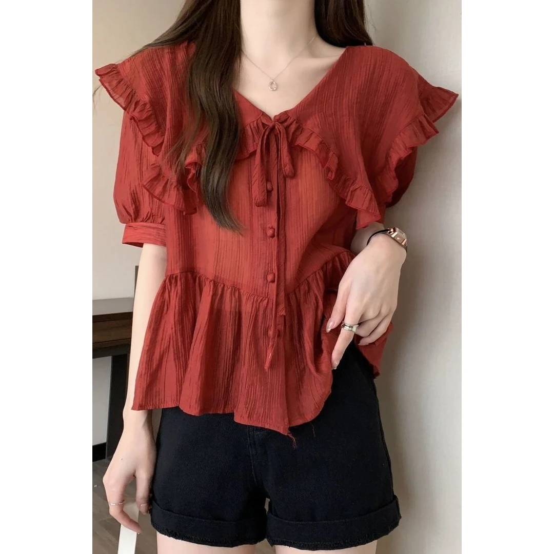 女装设计感小众娃娃领荷叶边衫胖妹妹新款夏洋气