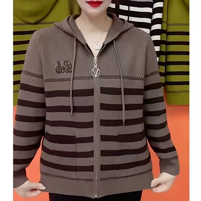 妈妈条纹秋冬新款洋气针织开衫外套