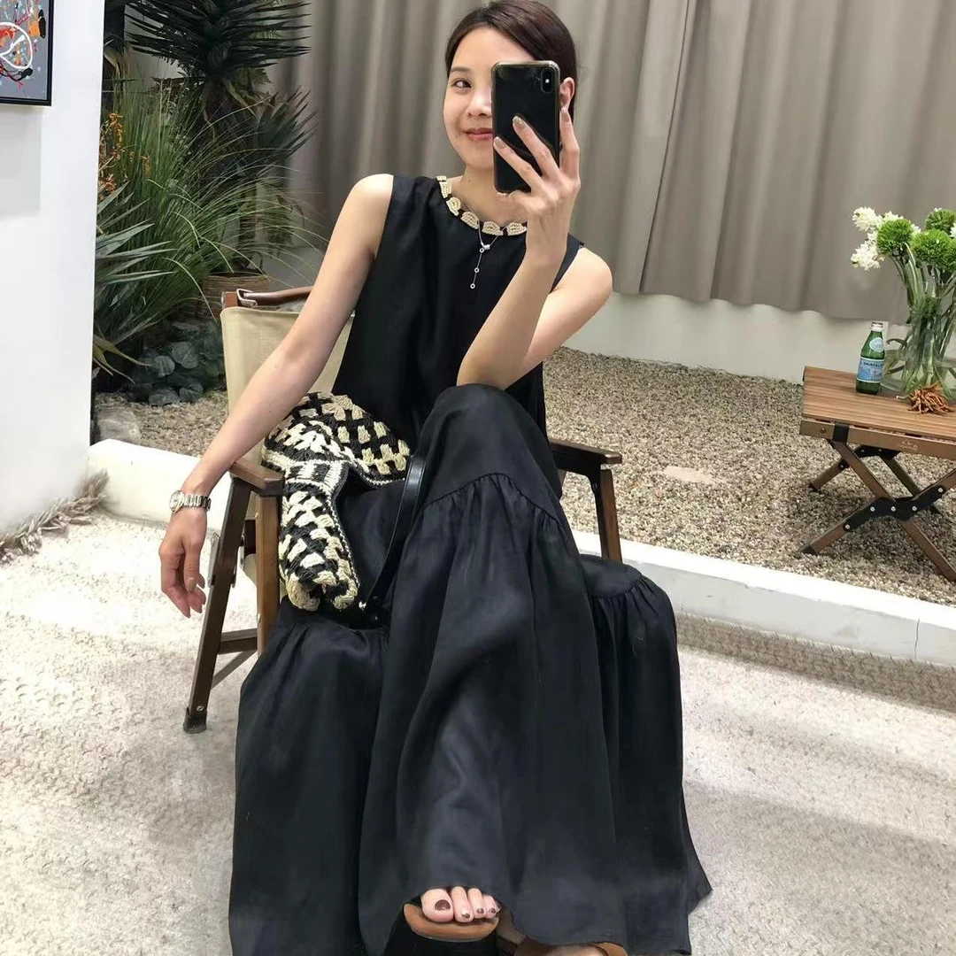 高级慵懒100纯亚麻连衣裙小众简约鱼尾裙气质长裙显瘦无袖背心裙