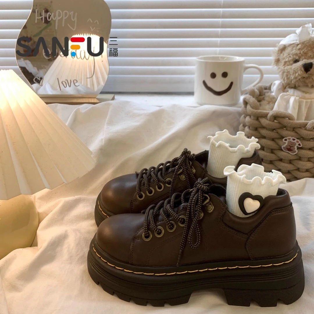 三福加绒复古英伦学院风小皮鞋女2025秋冬新款日系jk厚底乐福单鞋