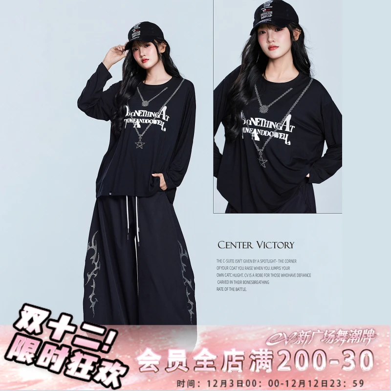 CV新广场舞潮牌模糊字母项链上衣圆领宽松百搭长袖设计感印花重工