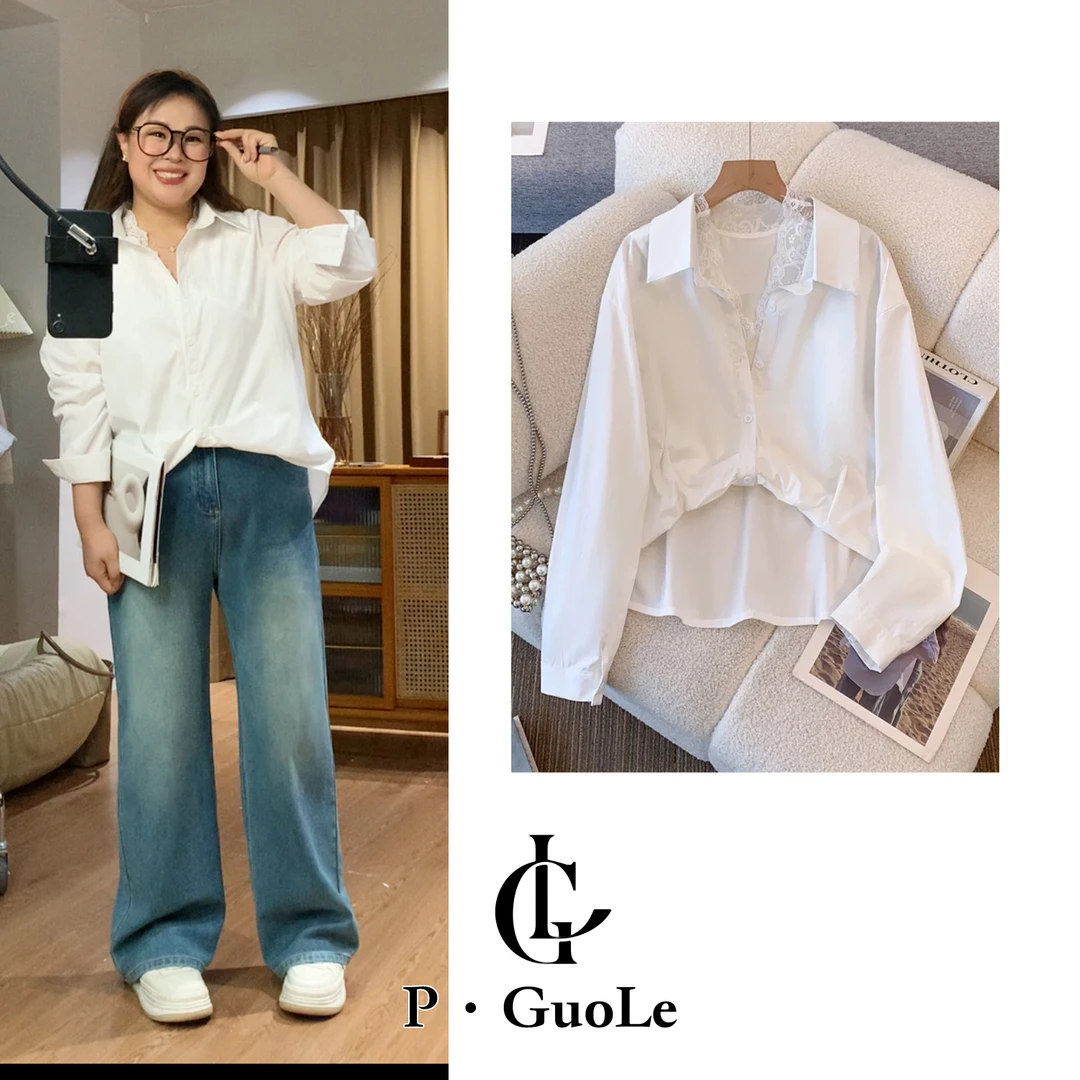 P·GuoLe【乐乐微胖定制】25春款大码女拼接假两件长袖衬衫通勤上衣