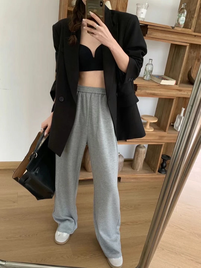 阔腿裤高腰INS风极简风休闲裤灰色卫裤休闲韩版长裤