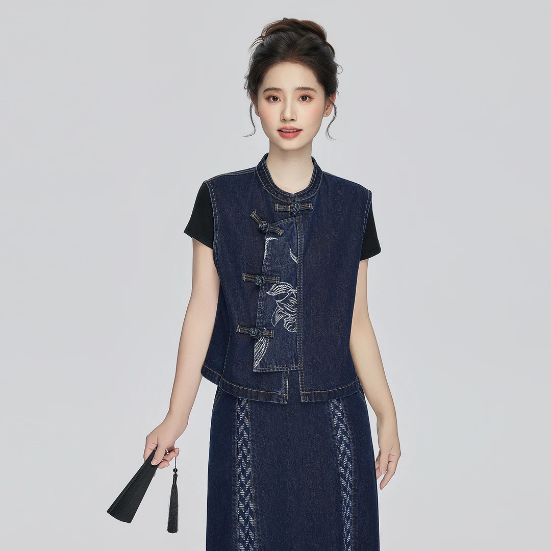星河汉歌（丹青）蓝色牛仔半身裙套装2025春夏新款女新中式国风长裙
