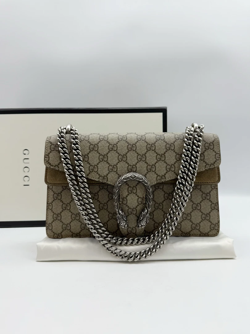 95新 GUCCI/古驰 灰色/驼色Dionysus中号酒神链条包手提单肩包