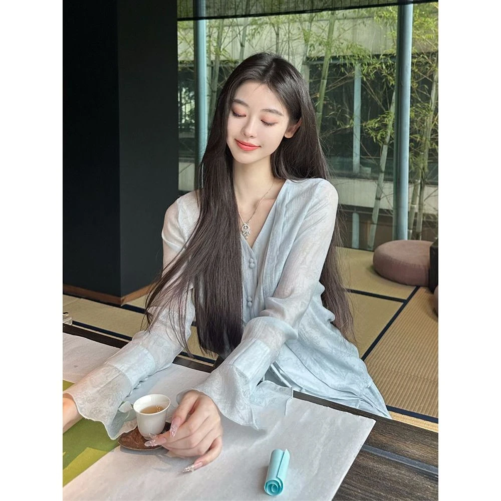 【烟雨】2024夏季新款气质新中式国风套装长袖衬衫半身长裙两件套